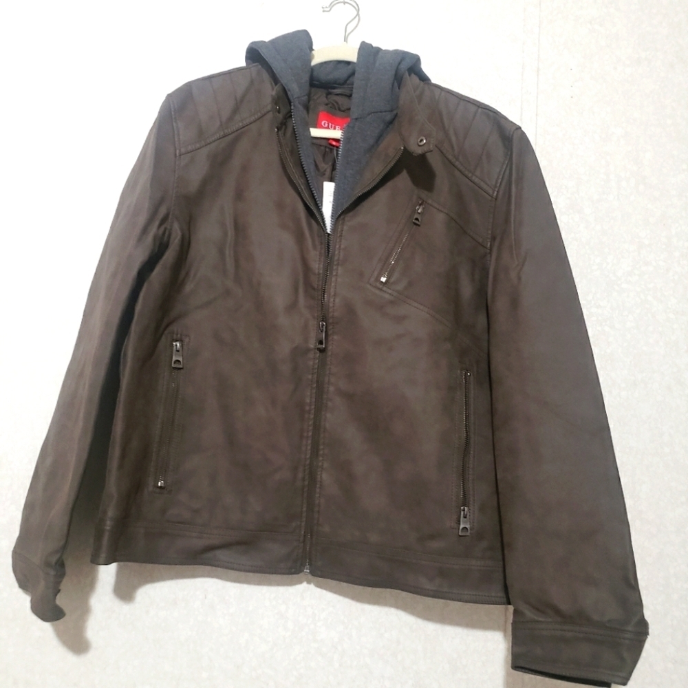 GUESS NEW  Brown Faux  Leather Jacket with Hood...SIZE:XL
